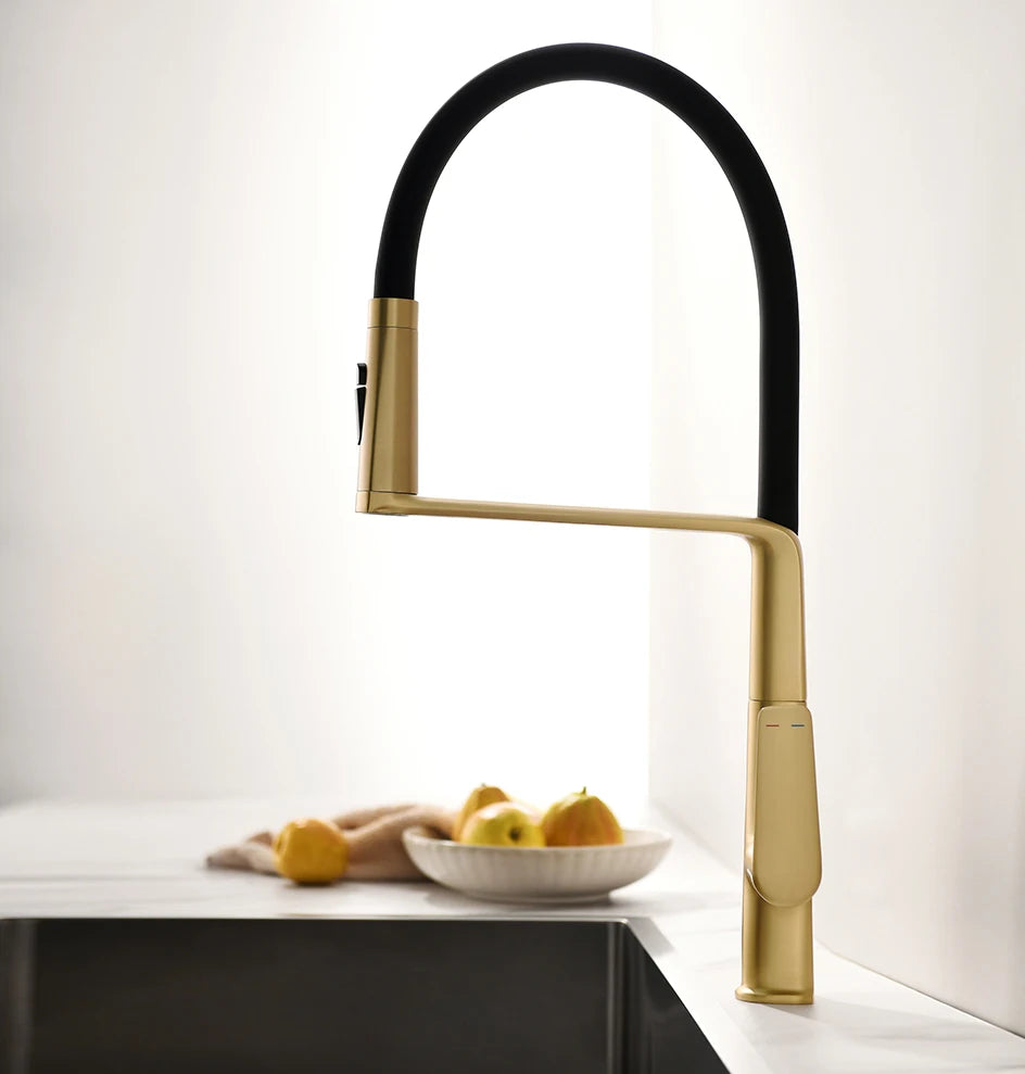 VGX Brushed Kitchen Faucet Sink Faucet Rubber Pull Down Stream Sprayer Tap Rotatable Kitchen Mixer Water Tap Hot Cold Crane Gold