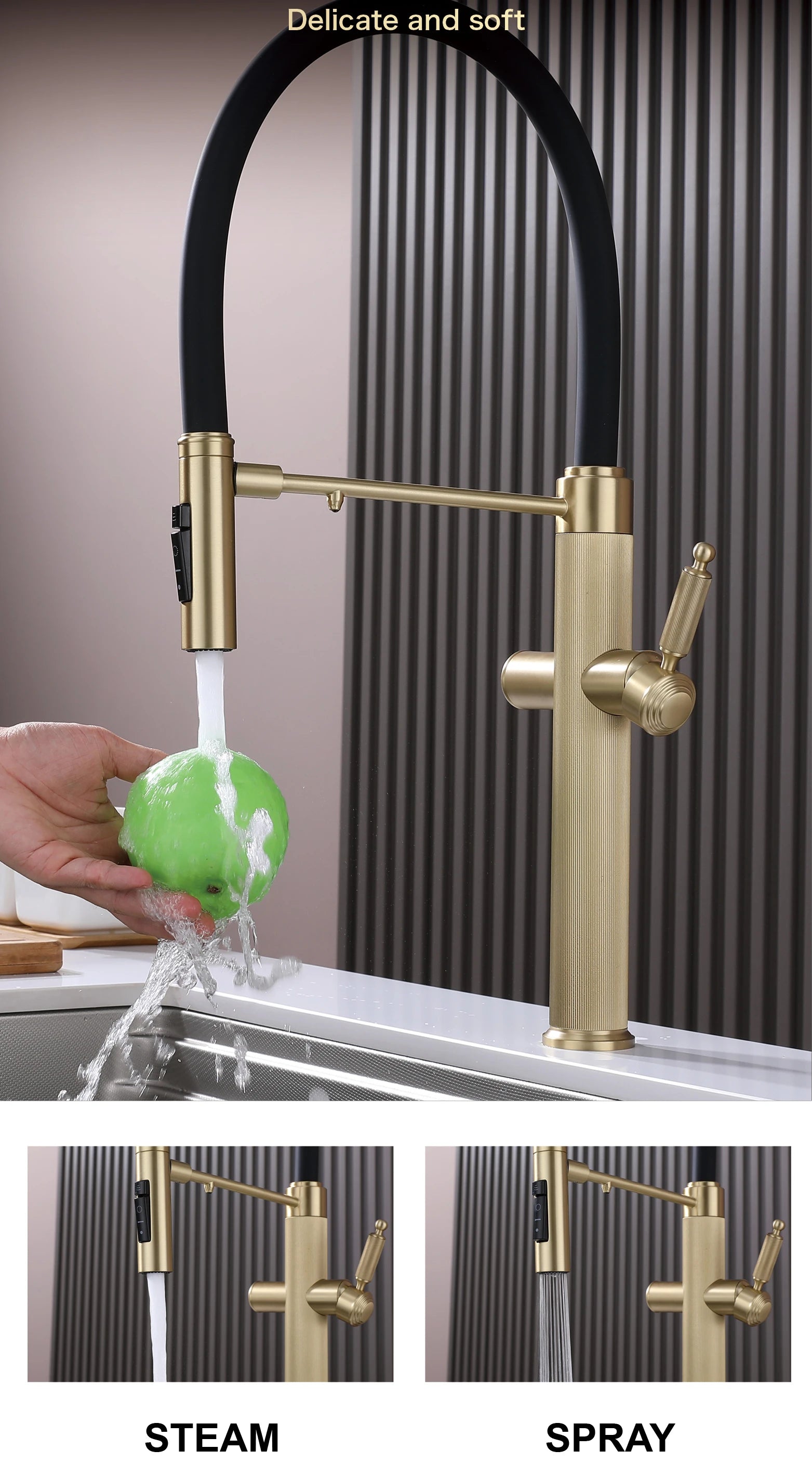 Brushed gold copper pull-out kitchen faucet with single hole hot and cold water 2 functions and drinking water mode sink Mixer
