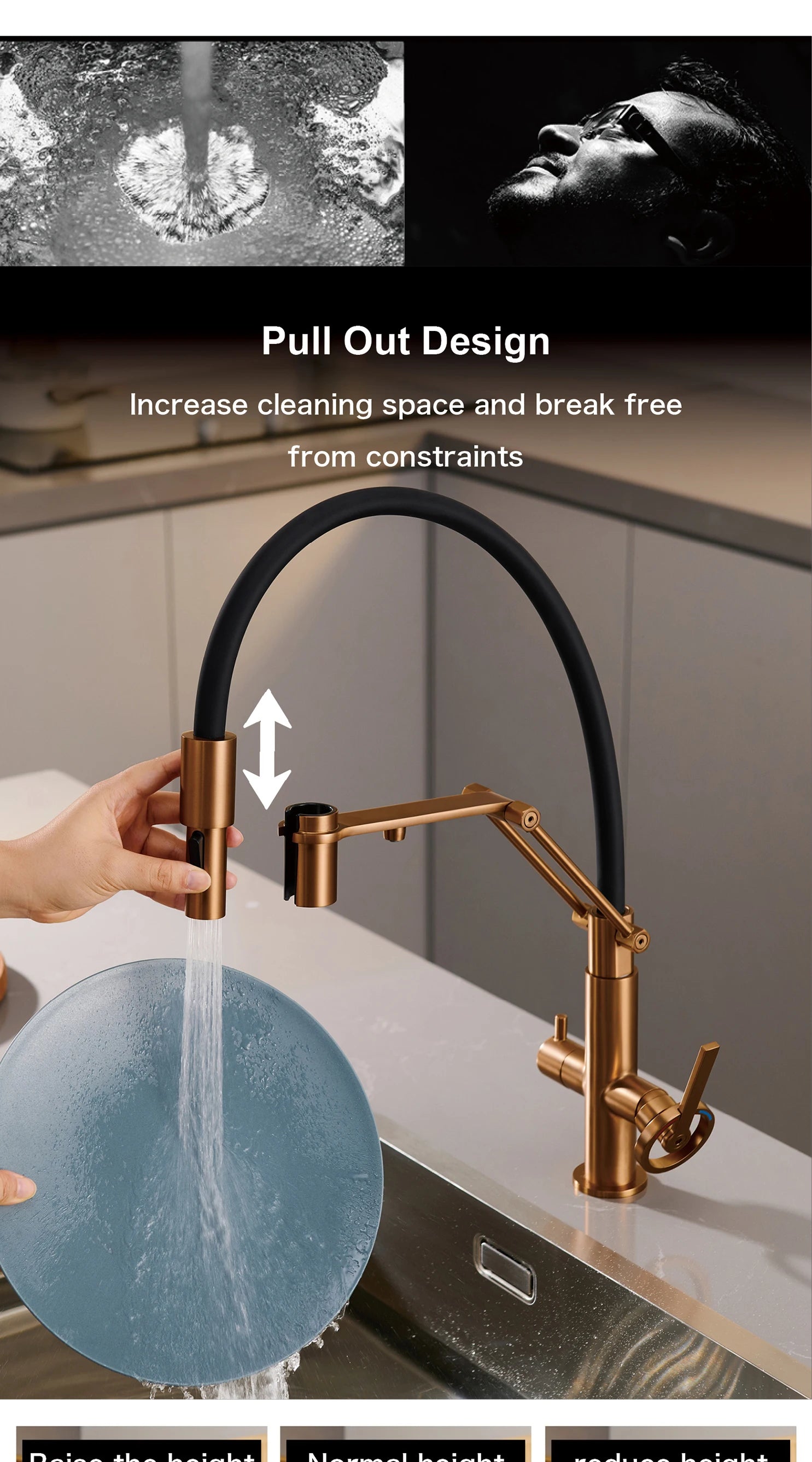 Industrial brass brushed rose gold kitchen faucet with separated filter faucet. 1 hole pull-out hot&cold water tank mixr Tap