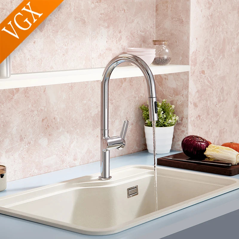 VGX Luxury Brushed Kitchen Faucet Deck Mounted Tap Pull Out Kitchen Sink Mixer Single Handle Kitchen Gourmet Faucet Water Crane