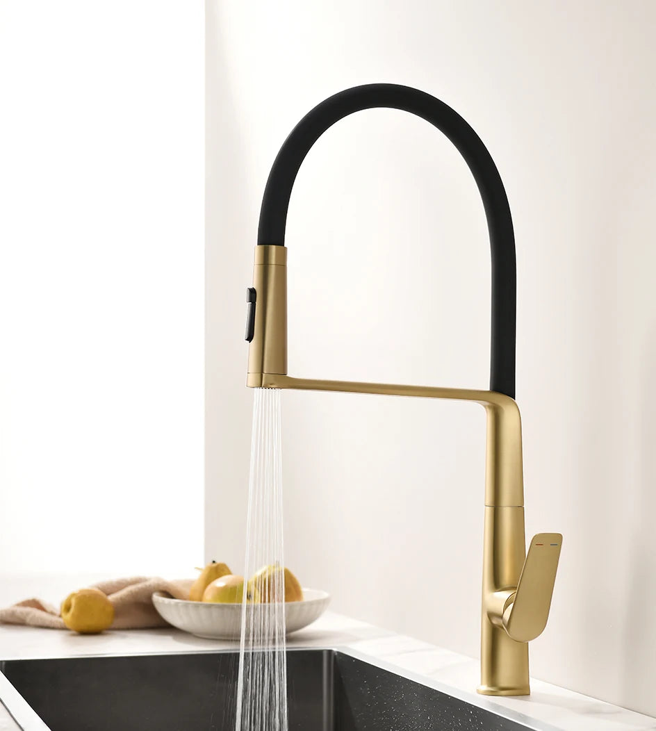 VGX Brushed Kitchen Faucet Sink Faucet Rubber Pull Down Stream Sprayer Tap Rotatable Kitchen Mixer Water Tap Hot Cold Crane Gold
