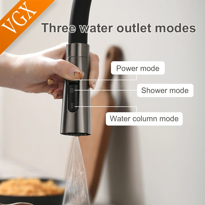 VGX Kitchen Faucet Sink Faucets Rubber Pull Down Stream Sprayer Taps Rotatable Kitchen Mixer Water Tap Hot Cold Crane Rose Gold