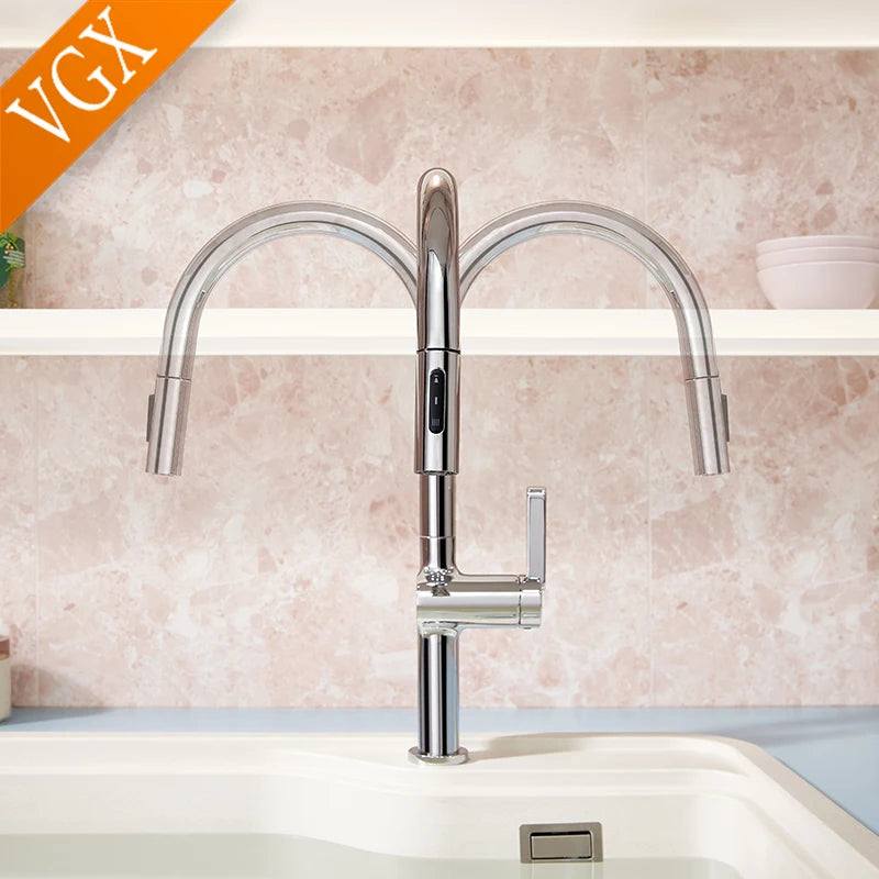VGX Luxury Brushed Kitchen Faucet Deck Mounted Tap Pull Out Kitchen Sink Mixer Single Handle Kitchen Gourmet Faucet Water Crane