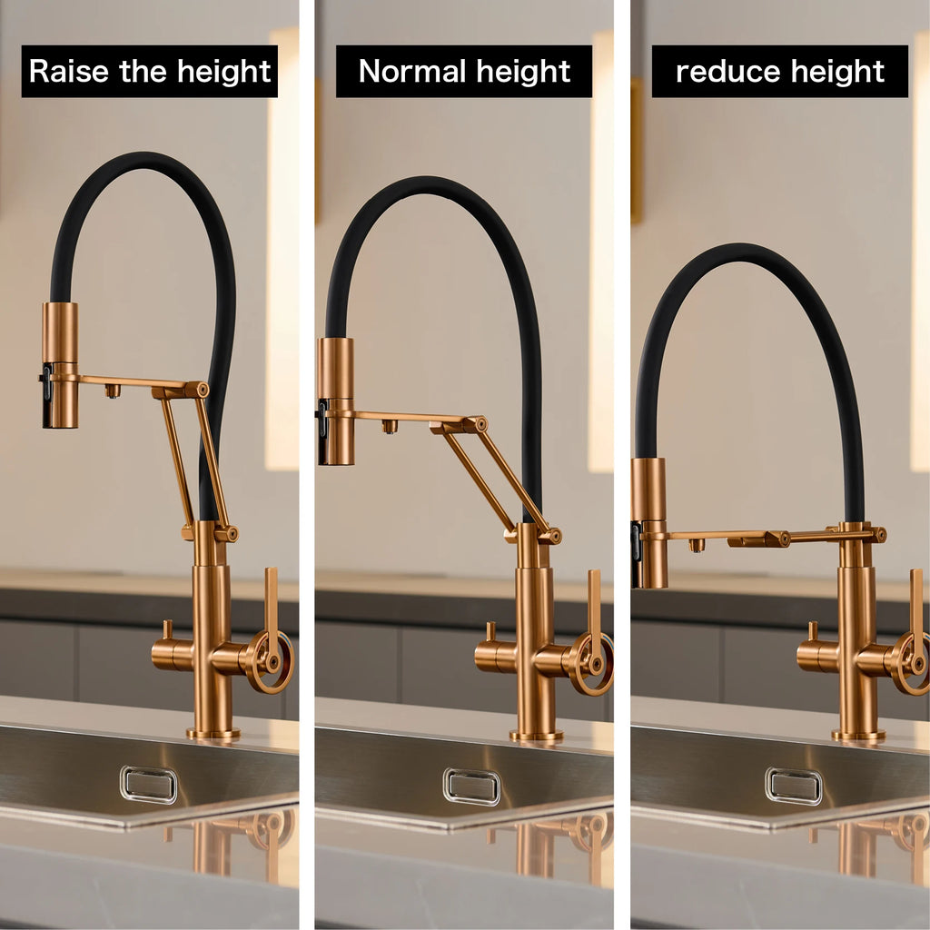 Industrial brass brushed rose gold kitchen faucet with separated filter faucet. 1 hole pull-out hot&cold water tank mixr Tap
