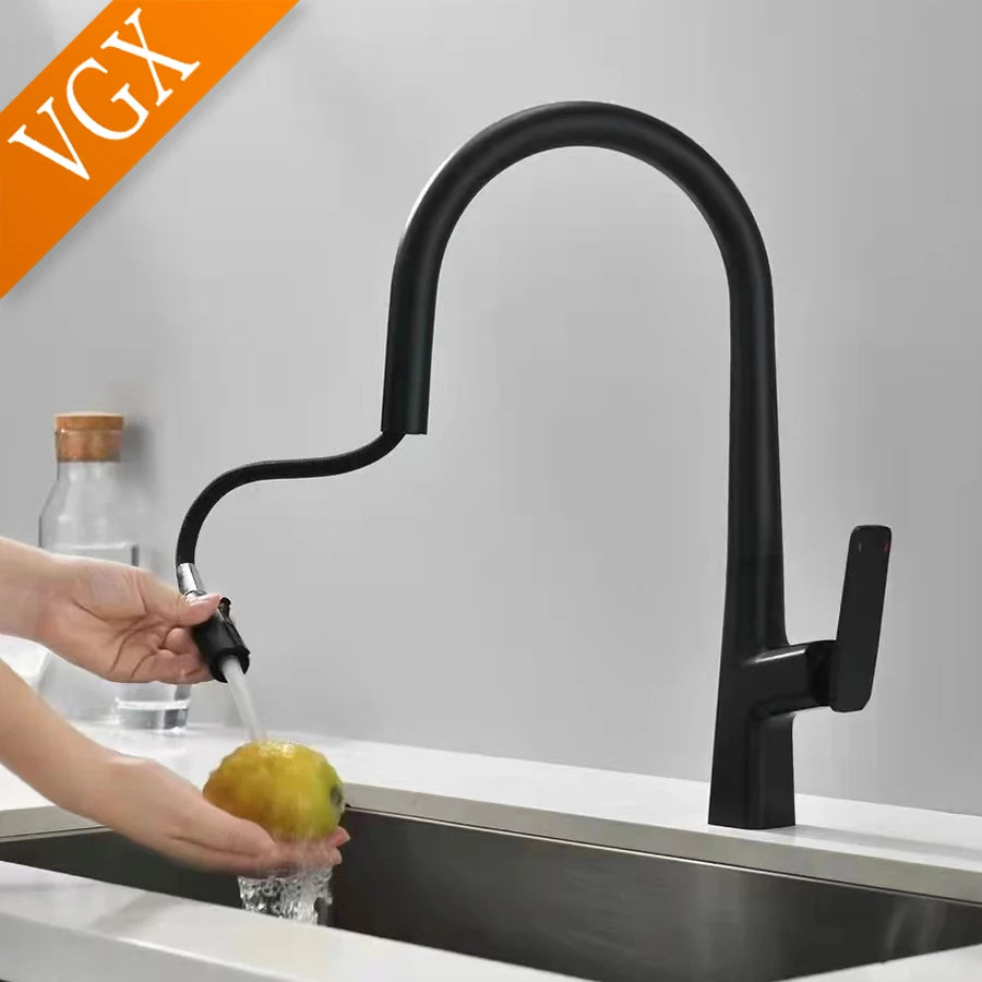VGX Pull Out Kitchen Sink Faucet Stream Sprayer Kitchen Gourmet Faucet Rotatable Basin Mixer Water Tap Hot Cold Crane Brass Grey