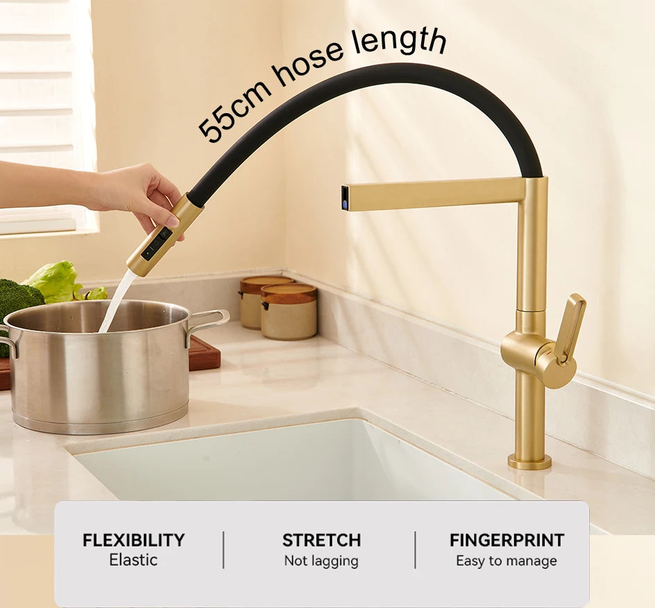 VGX Kitchen Faucet Sink Faucets Rubber Pull Down Stream Sprayer Taps Rotatable Kitchen Mixer Water Tap Hot Cold Crane Brass Gold