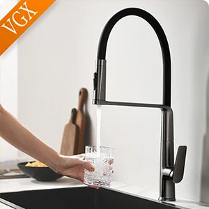 VGX Kitchen Faucet Sink Faucets Rubber Pull Down Stream Sprayer Taps Rotatable Kitchen Mixer Water Tap Hot Cold Crane Rose Gold