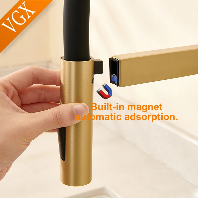VGX Kitchen Faucet Sink Faucets Rubber Pull Down Stream Sprayer Taps Rotatable Kitchen Mixer Water Tap Hot Cold Crane Brass Gold