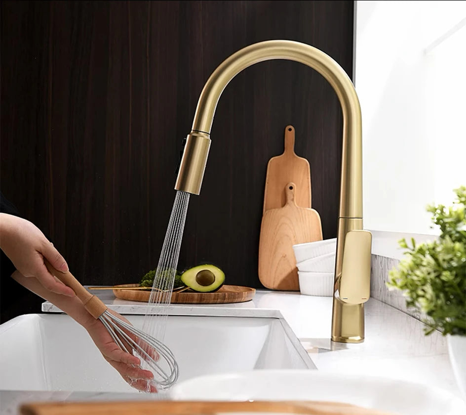 VGX Filter Water Kitchen Faucet Dual Spout Pure Drinking Water Tap Pull Out Kitchen Sink Mixer Faucet Gourmet Brass Crane Gold