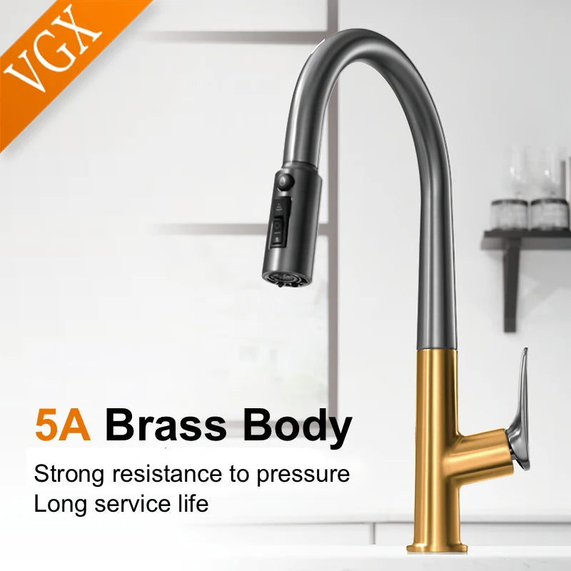VGX Filter Water Kitchen Faucet Dual Spout Pure Drinking Water Tap Pull Out Kitchen Sink Mixer Faucet Gourmet Brass Crane Gold