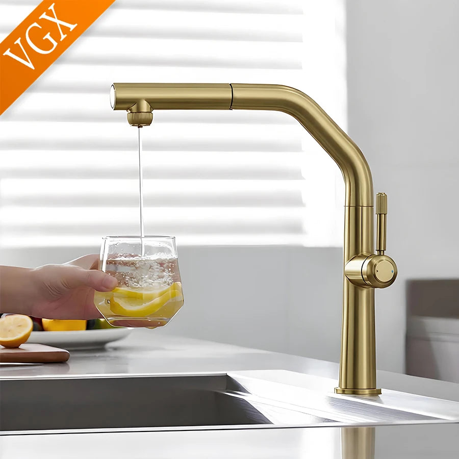VGX Gold Kitchen Faucet Dual Spout Pure Drinking Water Tap Pull Out Kitchen Sink Mixer Stainless Steel Kitchen Gourmet Crane