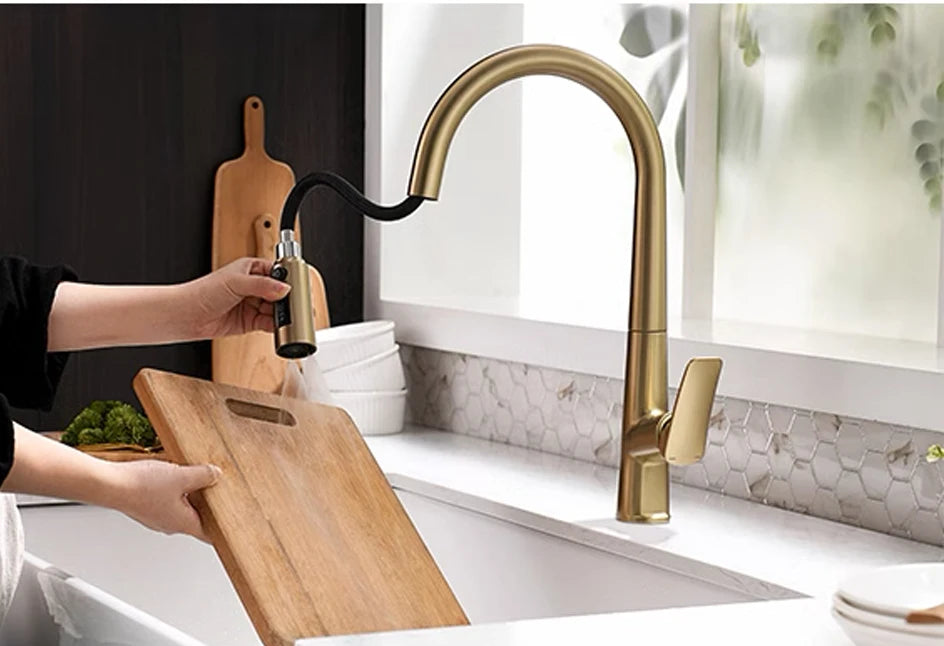 VGX Filter Water Kitchen Faucet Dual Spout Pure Drinking Water Tap Pull Out Kitchen Sink Mixer Faucet Gourmet Brass Crane Gold