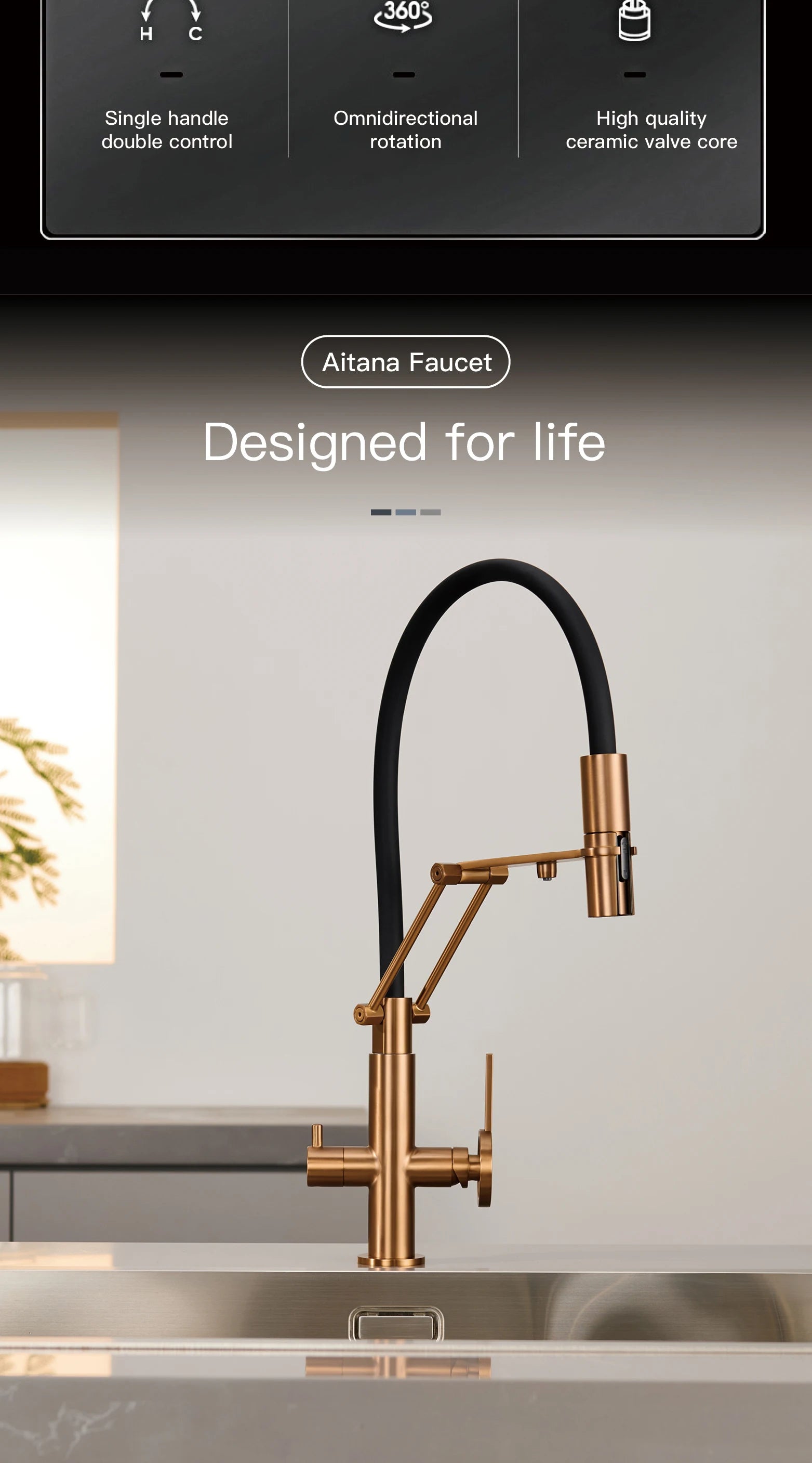 Industrial brass brushed rose gold kitchen faucet with separated filter faucet. 1 hole pull-out hot&cold water tank mixr Tap