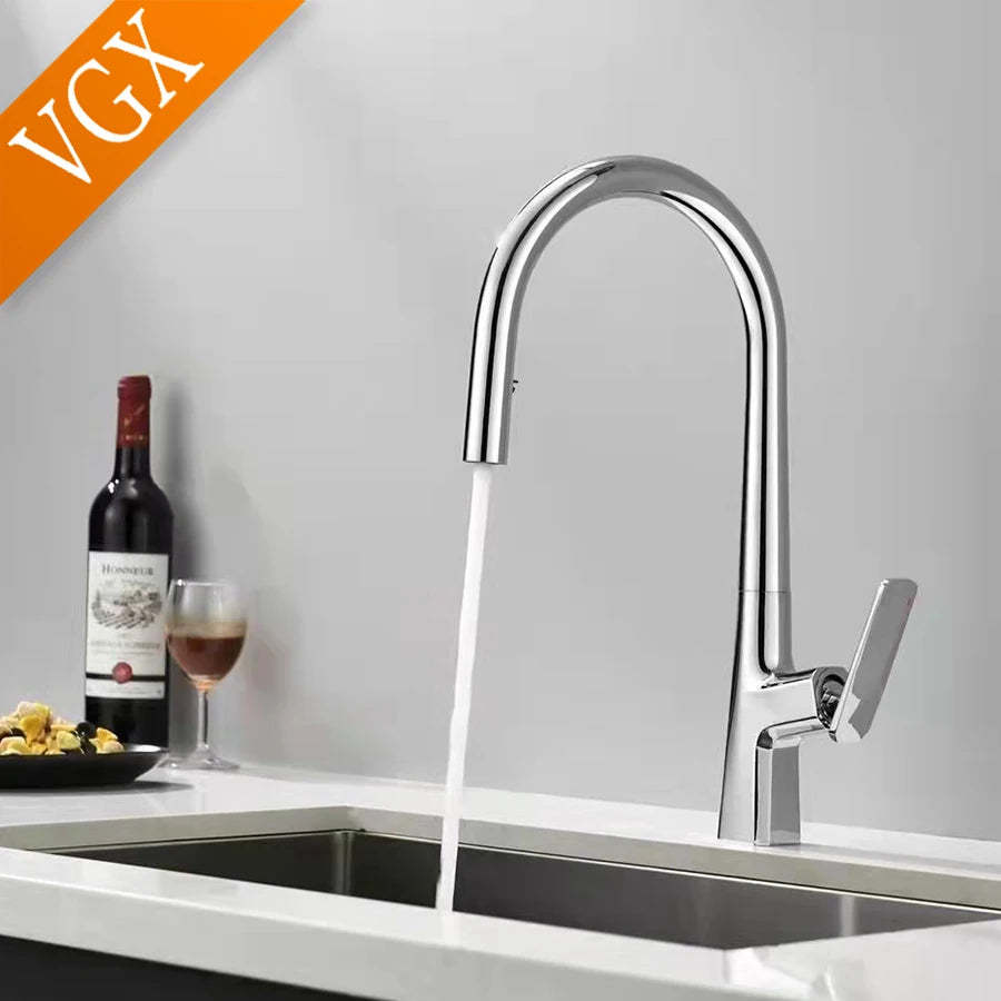 VGX Pull Out Kitchen Sink Faucet Stream Sprayer Kitchen Gourmet Faucet Rotatable Basin Mixer Water Tap Hot Cold Crane Brass Grey