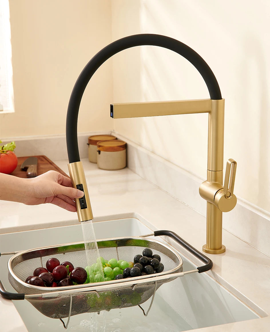 VGX Kitchen Faucet Sink Faucets Rubber Pull Down Stream Sprayer Taps Rotatable Kitchen Mixer Water Tap Hot Cold Crane Brass Gold
