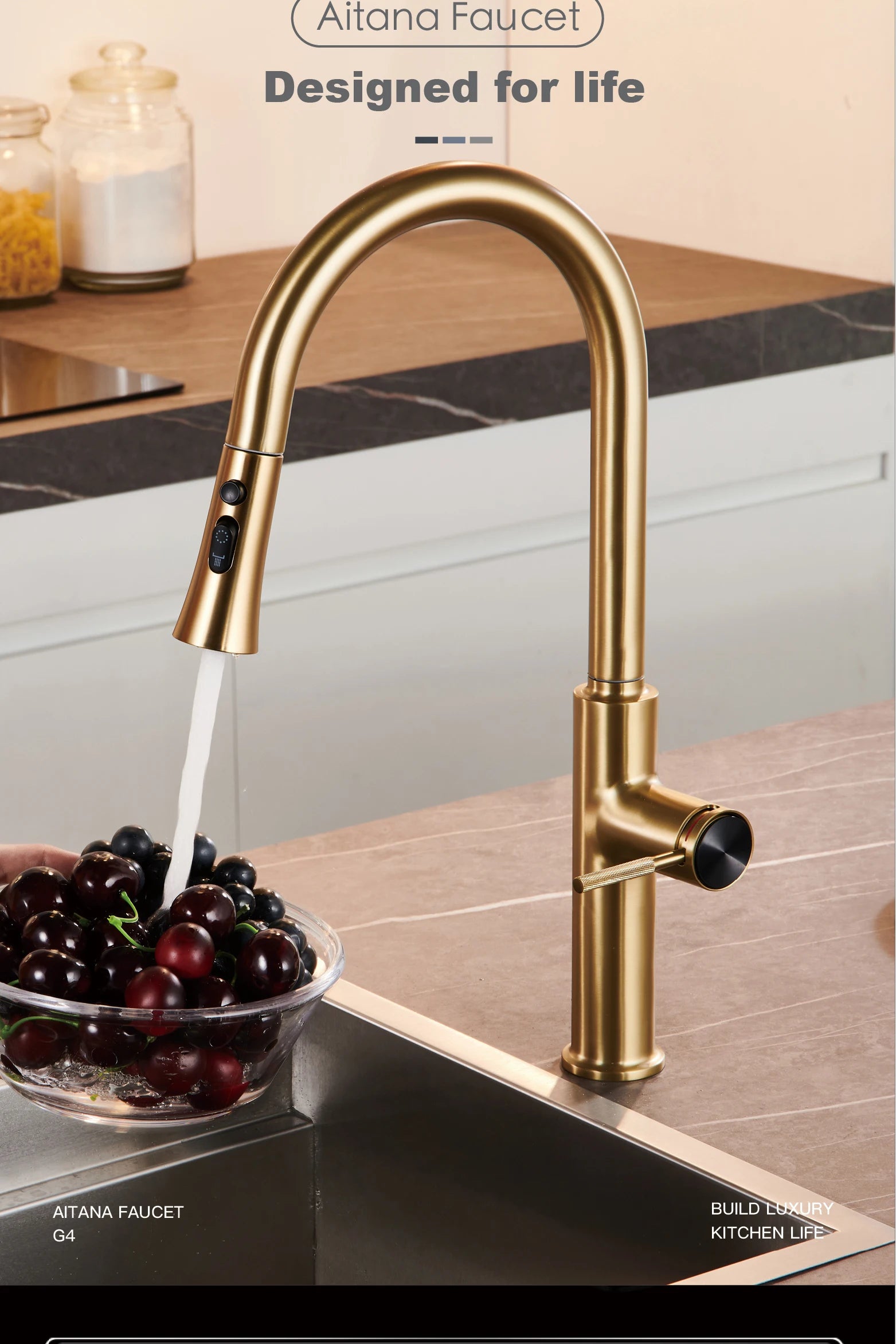 AITANA Pull out Design Gun Grey Kitchen Faucet Simple Single Handle Hot and Cold Water 3-Function Modern Sink Faucet