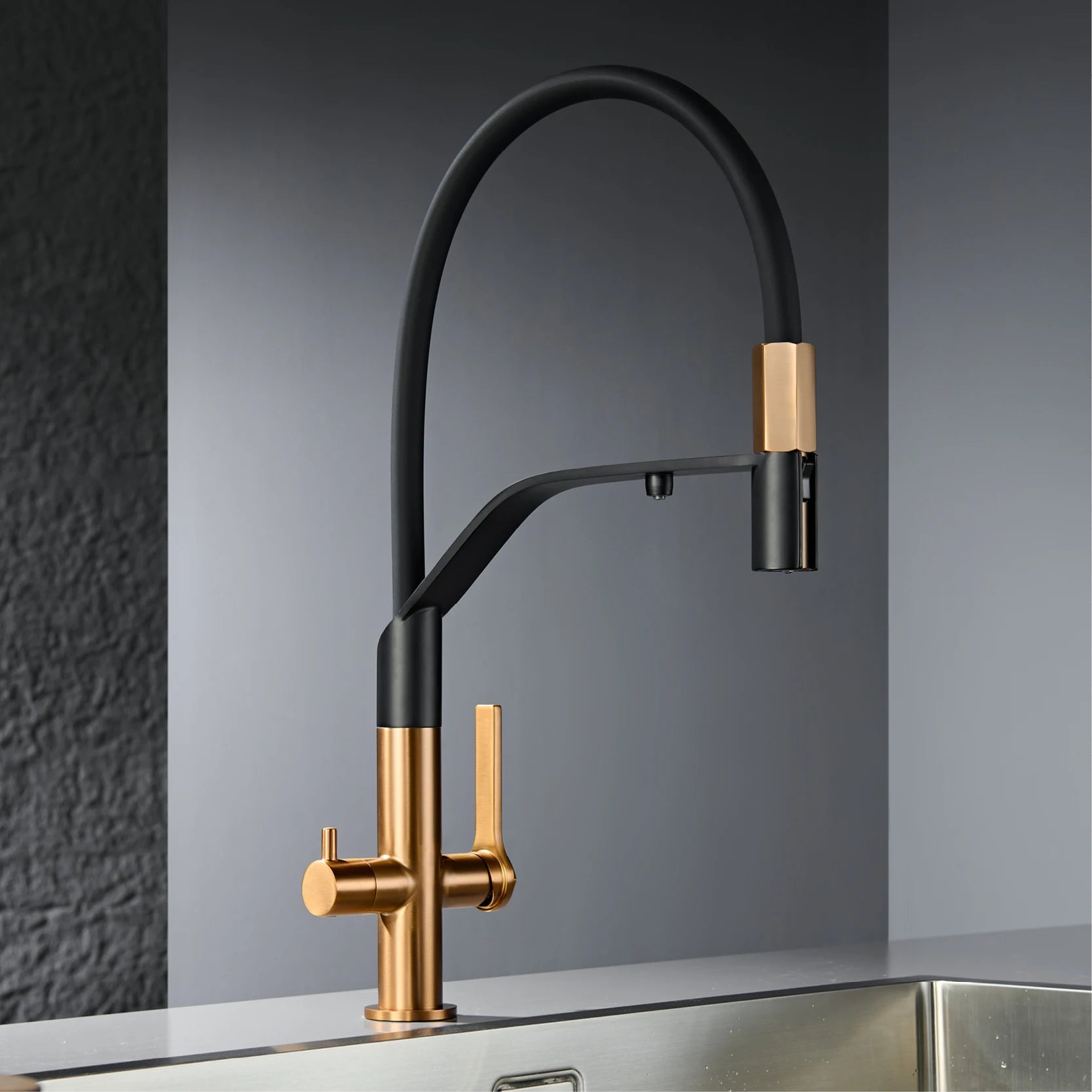 Modern Gun-Grey Stainless Steel 3-in-1 Kitchen Faucet with Filtered Water 1 Hole Double-Handle Mixer for Cold&Hot Water Sink Tap