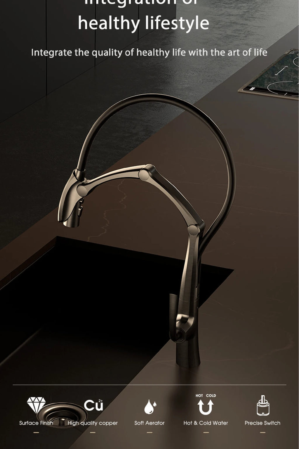 Luxury brass gun gray kitchen faucet Digital display Intelligent induction magnetic suction Pull-Out design Cold & hot sink Tap