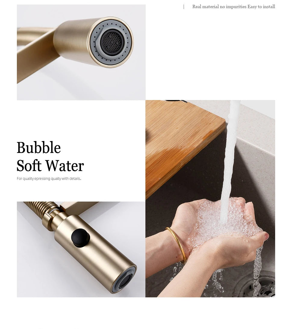 Brushed Gold Kitchen Faucets Single Handle Pull Out Kitchen Mixer Hot And Cold Water Swivel Degree Water Tap