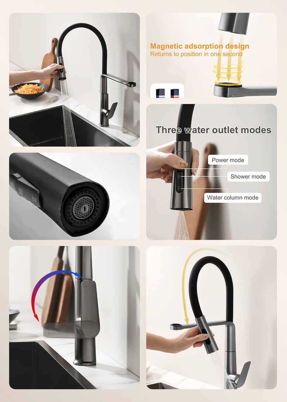 VGX Kitchen Faucet Sink Faucets Rubber Pull Down Stream Sprayer Taps Rotatable Kitchen Mixer Water Tap Hot Cold Crane Rose Gold