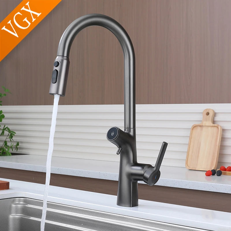 VGX Water Filter Kitchen Faucet Dual Spout Pure Drinking Water Tap Pull Out Kitchen Sink Mixer Kitchen Gourmet Faucet Crane Gold