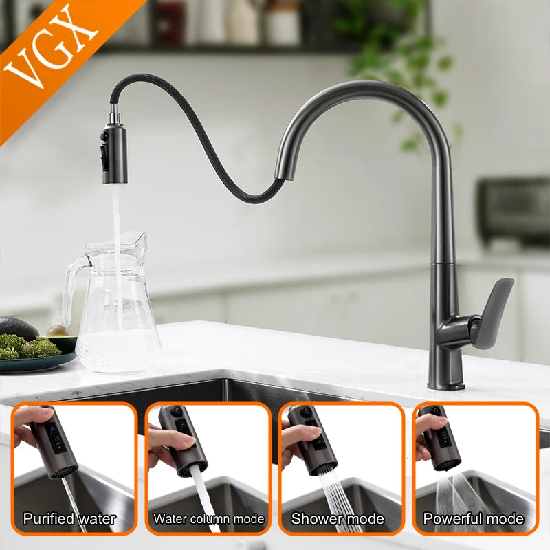 VGX Filter Water Kitchen Faucet Dual Spout Pure Drinking Water Tap Pull Out Kitchen Sink Mixer Faucet Gourmet Brass Crane Gold