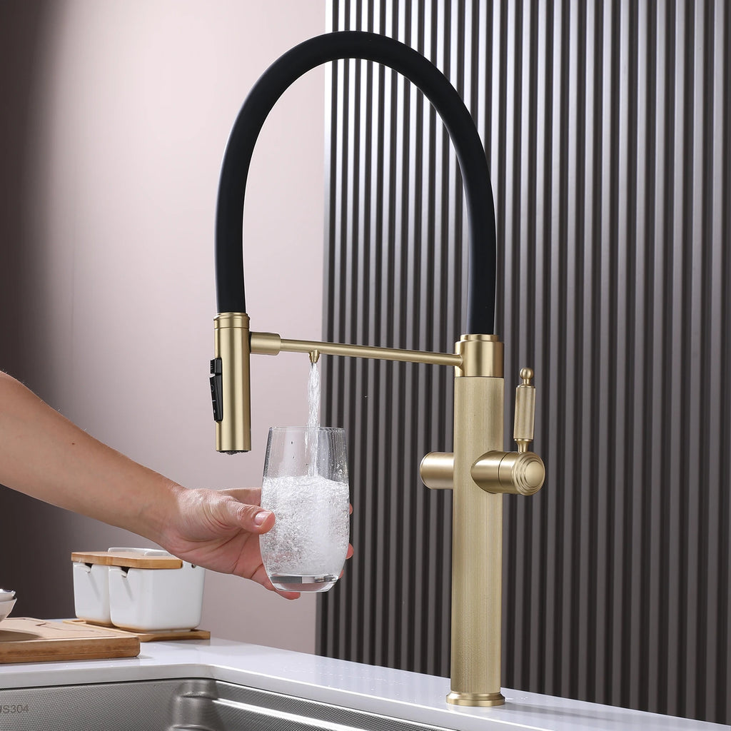 Brushed gold copper pull-out kitchen faucet with single hole hot and cold water 2 functions and drinking water mode sink Mixer