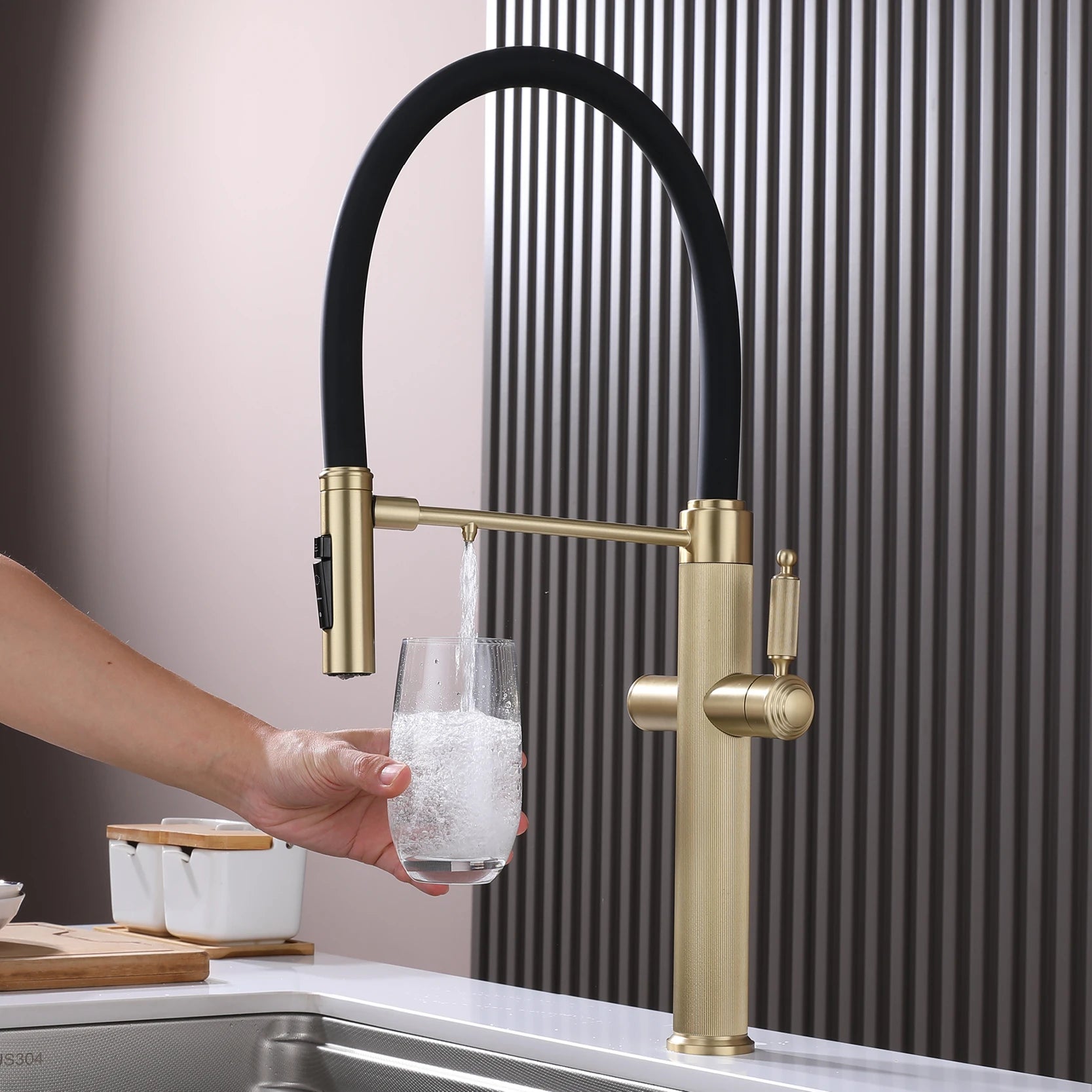 Brushed gold copper pull-out kitchen faucet with single hole hot and cold water 2 functions and drinking water mode sink Mixer
