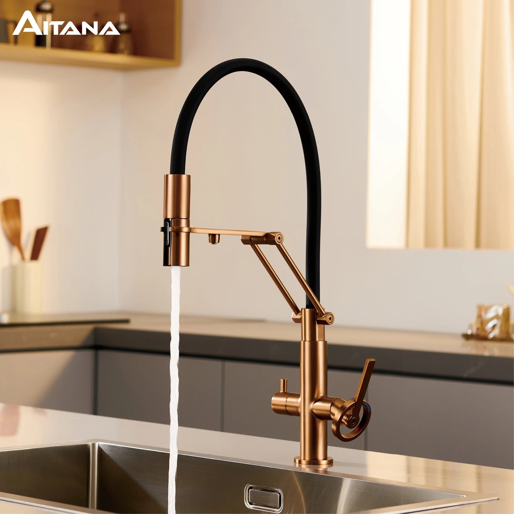 Industrial brass brushed rose gold kitchen faucet with separated filter faucet. 1 hole pull-out hot&cold water tank mixr Tap