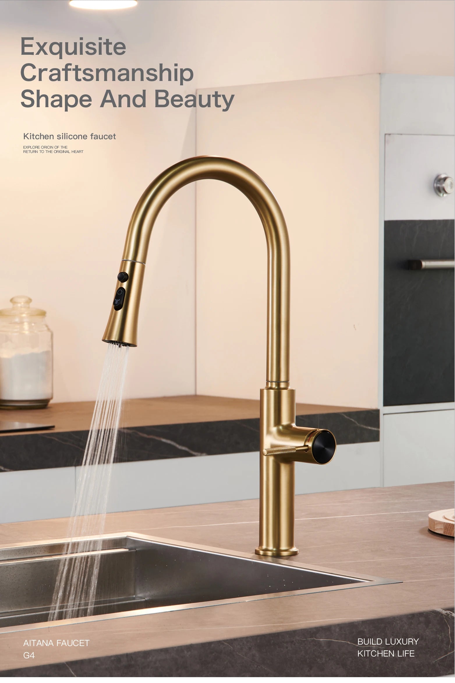 AITANA Pull out Design Gun Grey Kitchen Faucet Simple Single Handle Hot and Cold Water 3-Function Modern Sink Faucet