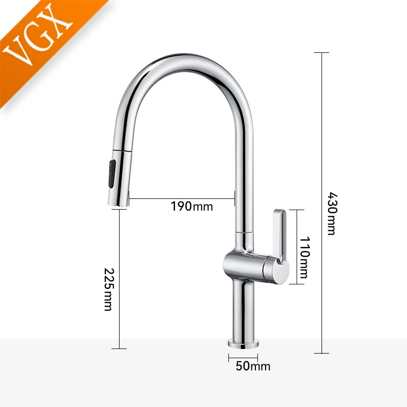 VGX Luxury Brushed Kitchen Faucet Deck Mounted Tap Pull Out Kitchen Sink Mixer Single Handle Kitchen Gourmet Faucet Water Crane
