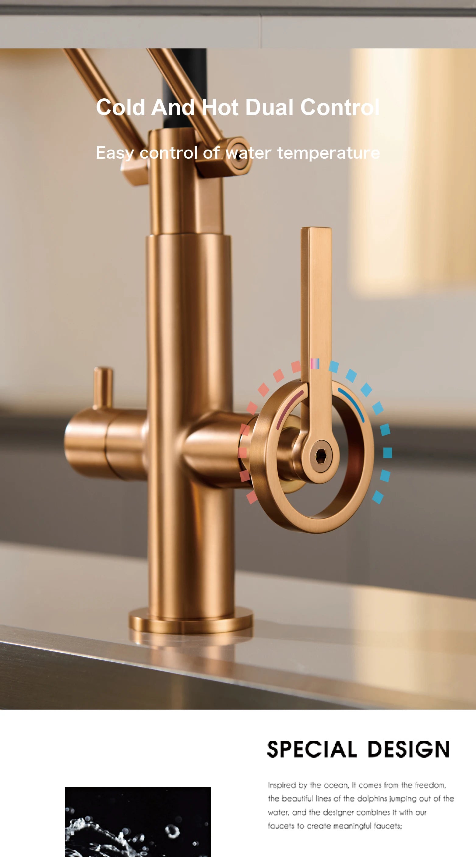 Industrial brass brushed rose gold kitchen faucet with separated filter faucet. 1 hole pull-out hot&cold water tank mixr Tap