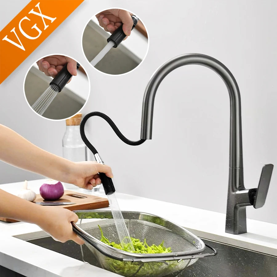 VGX Pull Out Kitchen Sink Faucet Stream Sprayer Kitchen Gourmet Faucet Rotatable Basin Mixer Water Tap Hot Cold Crane Brass Grey
