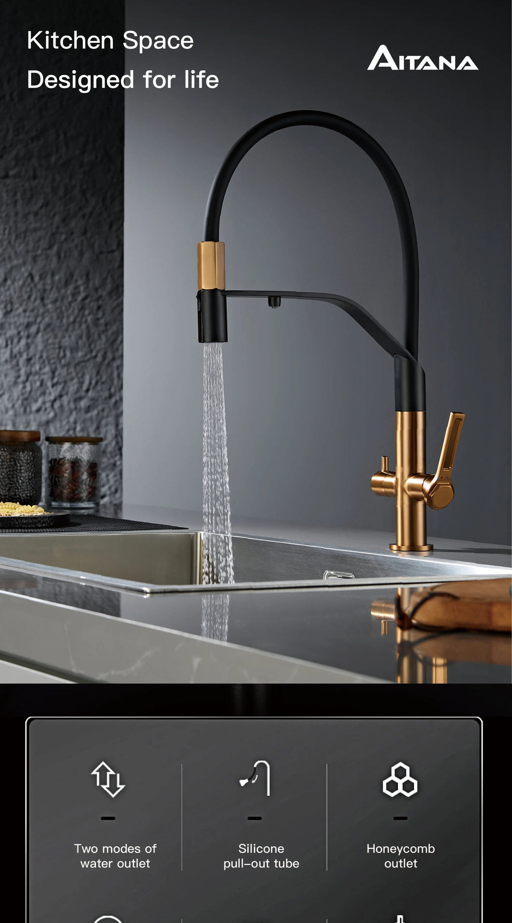 Modern Gun-Grey Stainless Steel 3-in-1 Kitchen Faucet with Filtered Water 1 Hole Double-Handle Mixer for Cold&Hot Water Sink Tap
