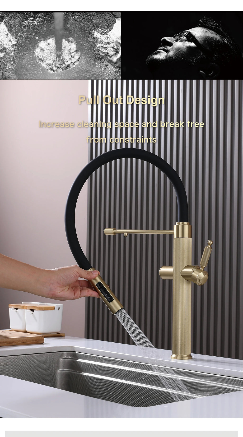 Brushed gold copper pull-out kitchen faucet with single hole hot and cold water 2 functions and drinking water mode sink Mixer