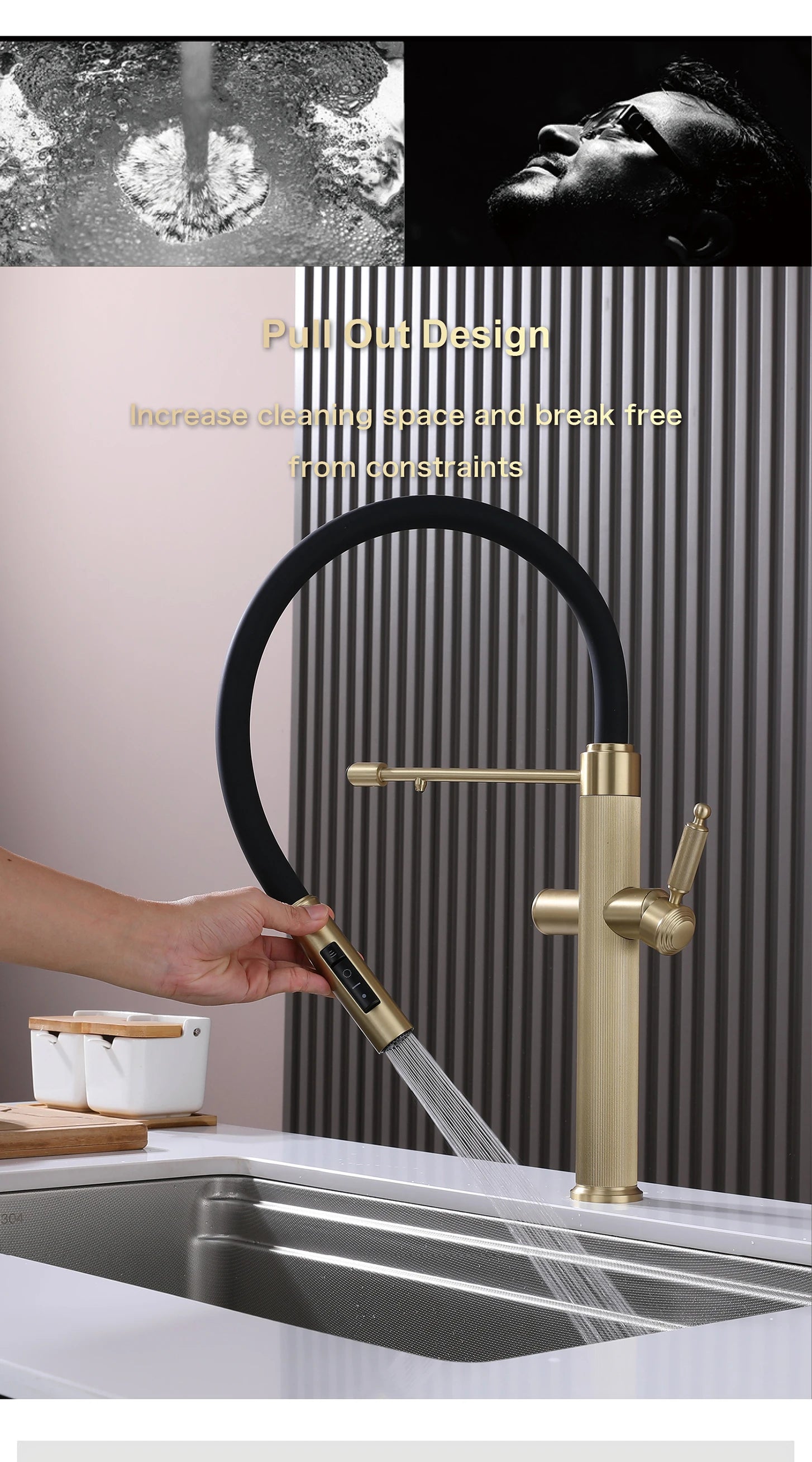 Brushed gold copper pull-out kitchen faucet with single hole hot and cold water 2 functions and drinking water mode sink Mixer