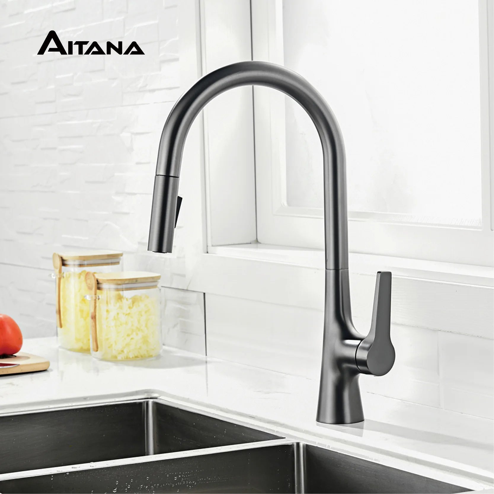 AITANA modern brushed gold kitchen faucet with single handle and single hole ceramic valve core hot&cold water pull-out sink Tap