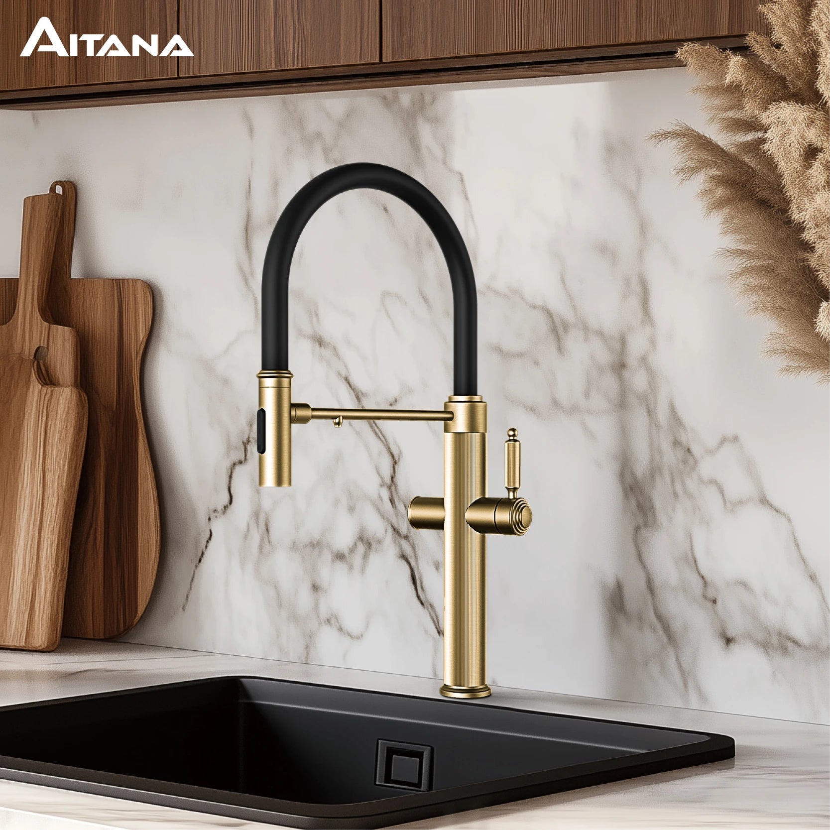 Brushed gold copper pull-out kitchen faucet with single hole hot and cold water 2 functions and drinking water mode sink Mixer