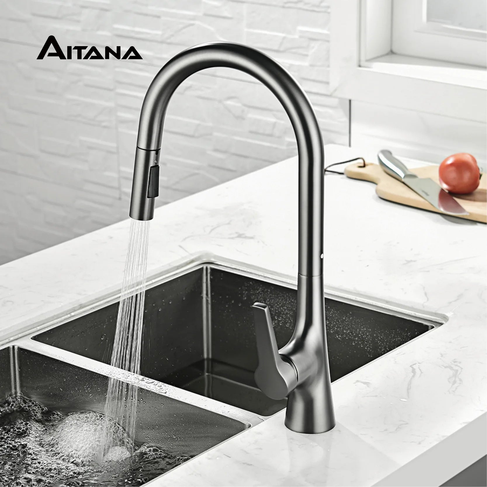 AITANA modern brushed gold kitchen faucet with single handle and single hole ceramic valve core hot&cold water pull-out sink Tap