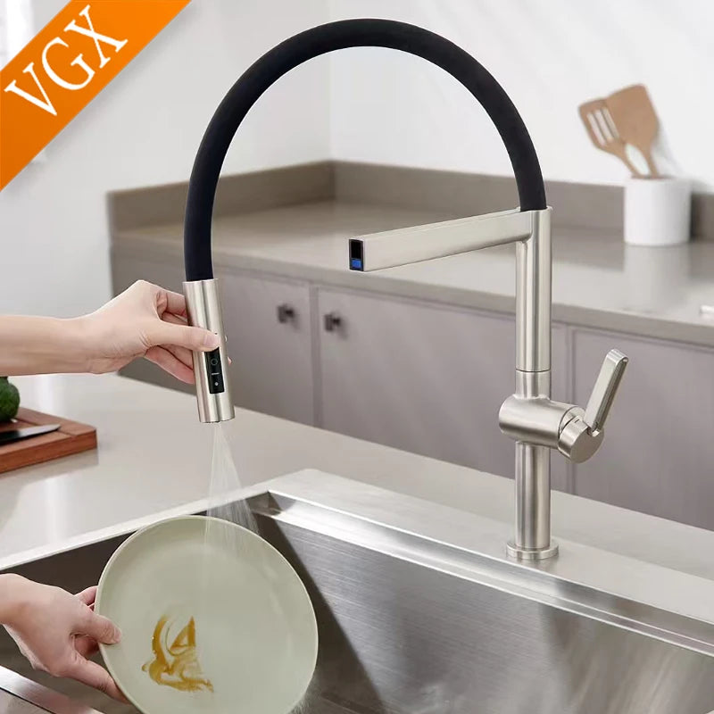 VGX Brushed Kitchen Faucet Sink Faucets Rubber Pull Down Stream Sprayer Taps Rotatable Kitchen Mixer Water Tap Hot Cold Crane