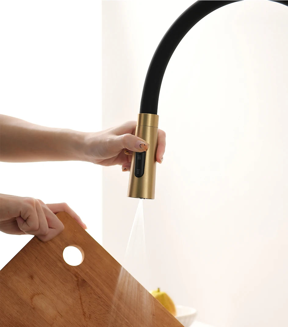 VGX Brushed Kitchen Faucet Sink Faucet Rubber Pull Down Stream Sprayer Tap Rotatable Kitchen Mixer Water Tap Hot Cold Crane Gold