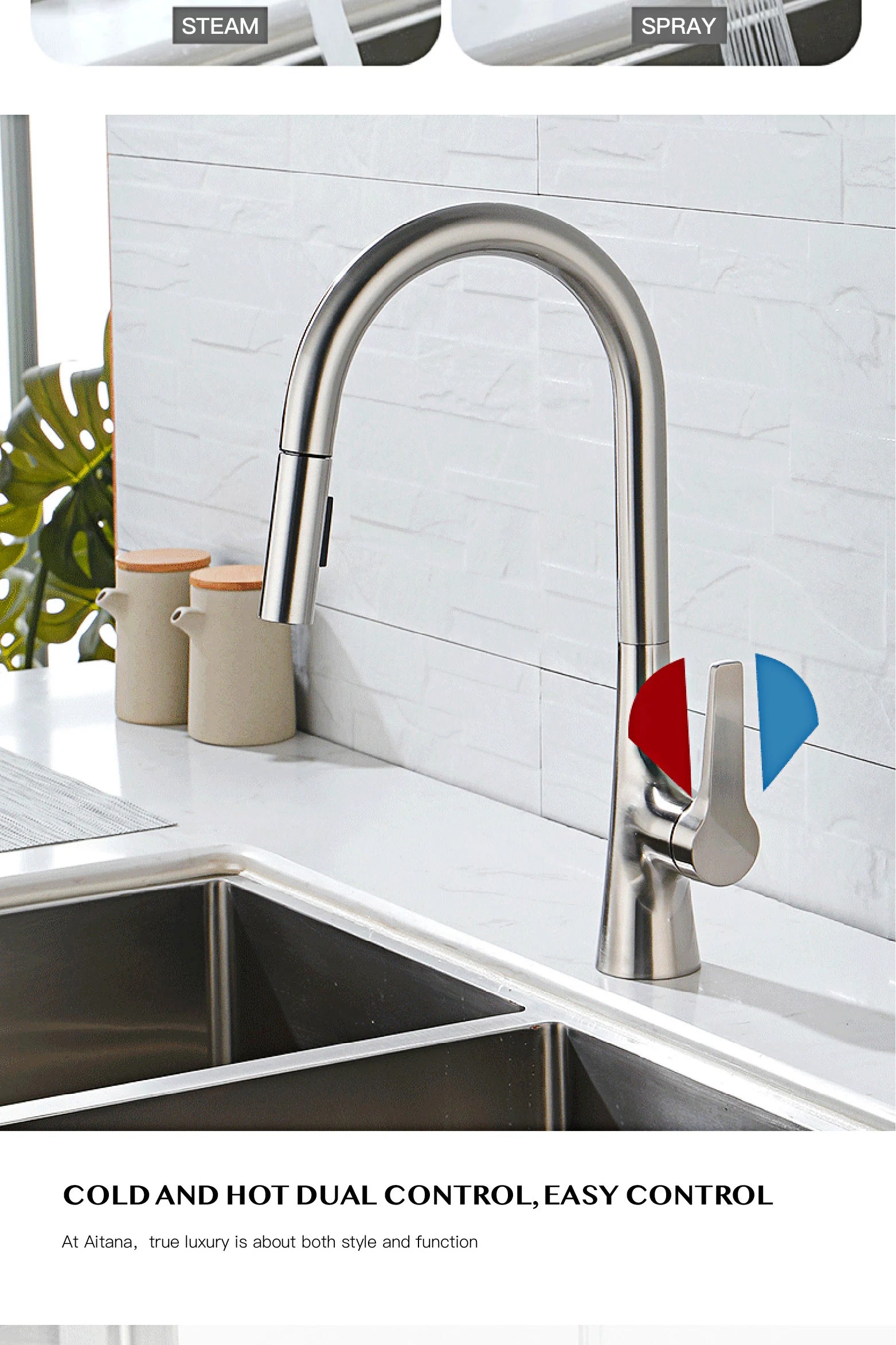 AITANA modern brushed gold kitchen faucet with single handle and single hole ceramic valve core hot&cold water pull-out sink Tap