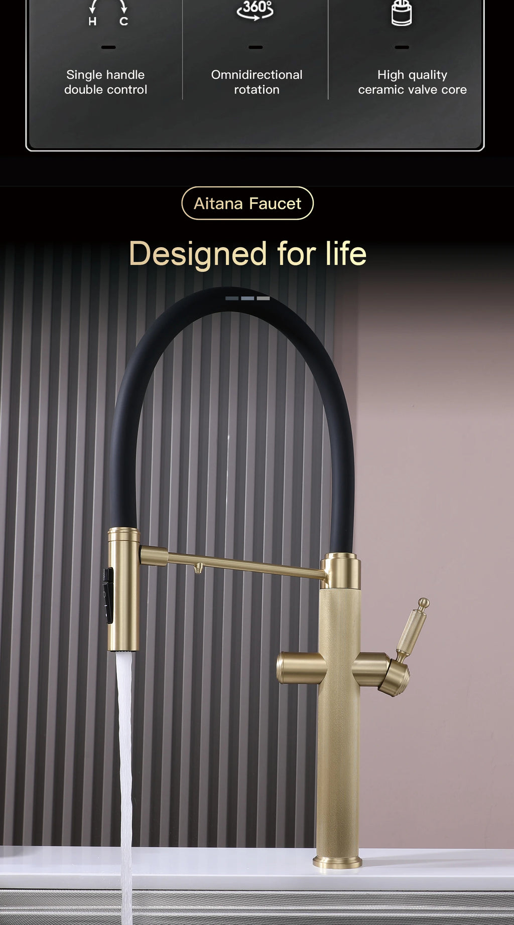 Brushed gold copper pull-out kitchen faucet with single hole hot and cold water 2 functions and drinking water mode sink Mixer