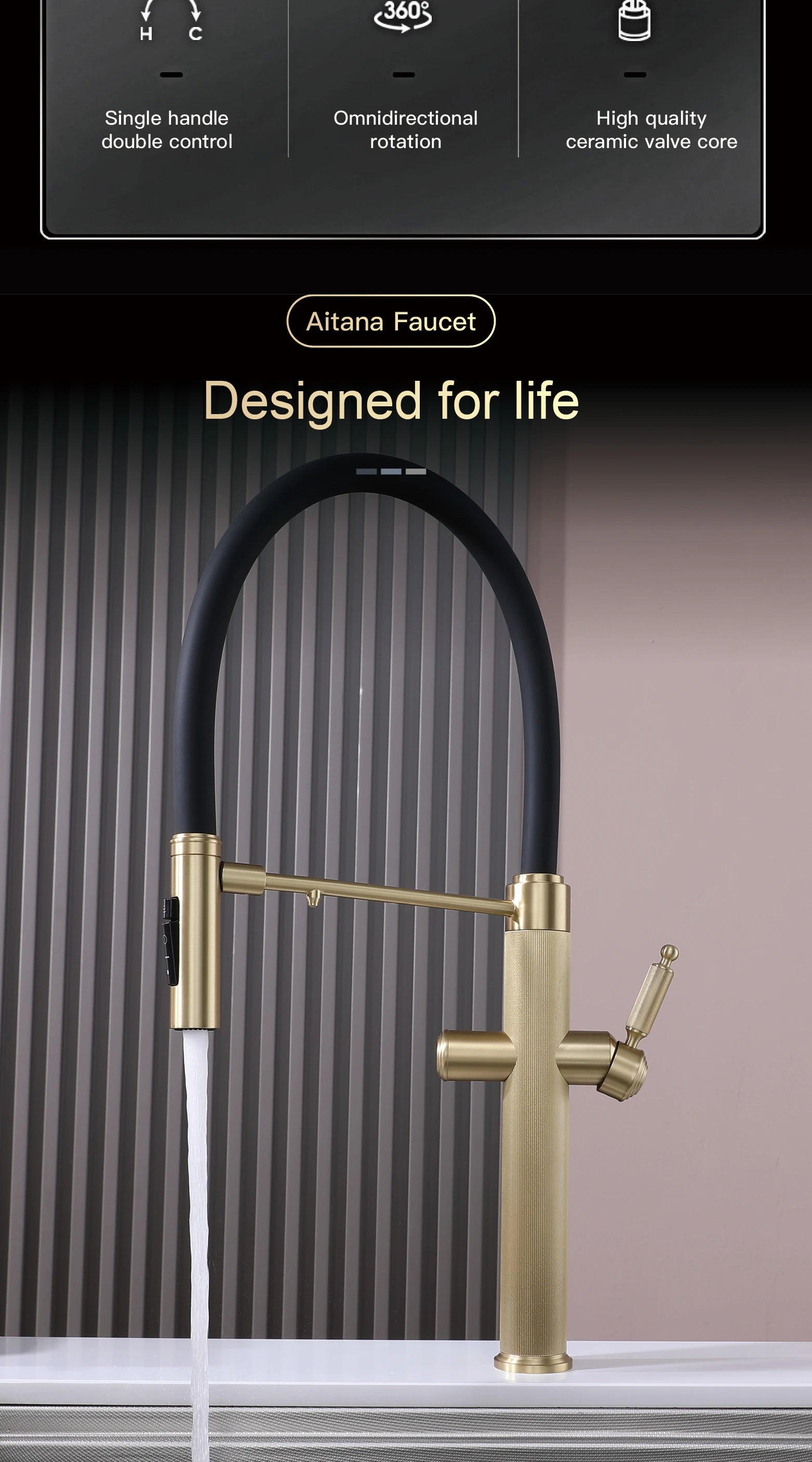 Brushed gold copper pull-out kitchen faucet with single hole hot and cold water 2 functions and drinking water mode sink Mixer