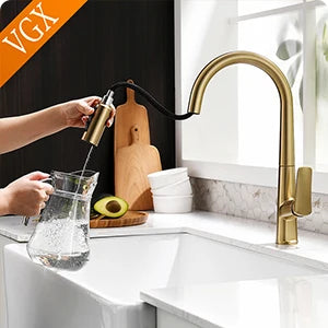 VGX Gold Kitchen Faucet Dual Spout Pure Drinking Water Tap Pull Out Kitchen Sink Mixer Stainless Steel Kitchen Gourmet Crane