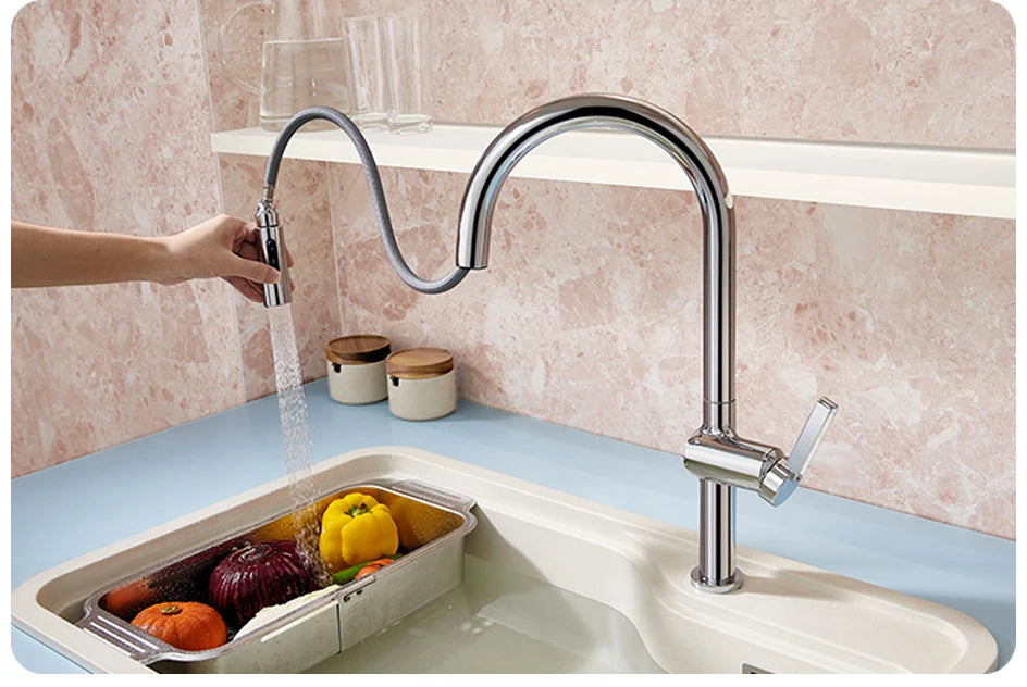 VGX Luxury Brushed Kitchen Faucet Deck Mounted Tap Pull Out Kitchen Sink Mixer Single Handle Kitchen Gourmet Faucet Water Crane