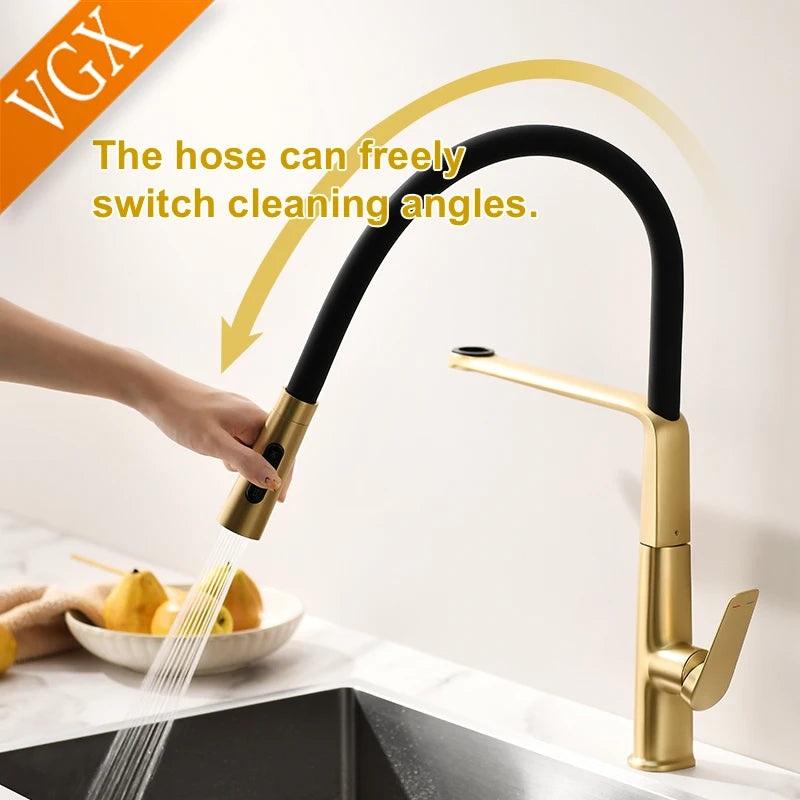 VGX Brushed Kitchen Faucet Sink Faucet Rubber Pull Down Stream Sprayer Tap Rotatable Kitchen Mixer Water Tap Hot Cold Crane Gold
