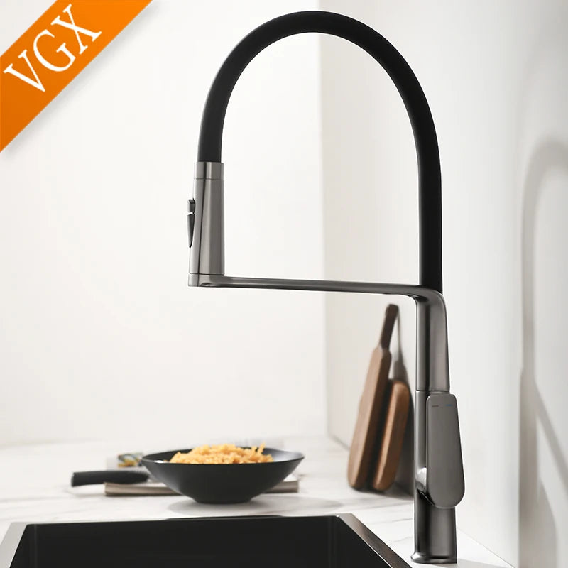 VGX Kitchen Faucet Sink Faucets Rubber Pull Down Stream Sprayer Taps Rotatable Kitchen Mixer Water Tap Hot Cold Crane Rose Gold