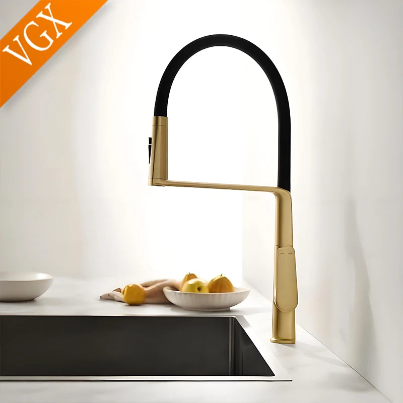 VGX Brushed Kitchen Faucet Sink Faucet Rubber Pull Down Stream Sprayer Tap Rotatable Kitchen Mixer Water Tap Hot Cold Crane Gold