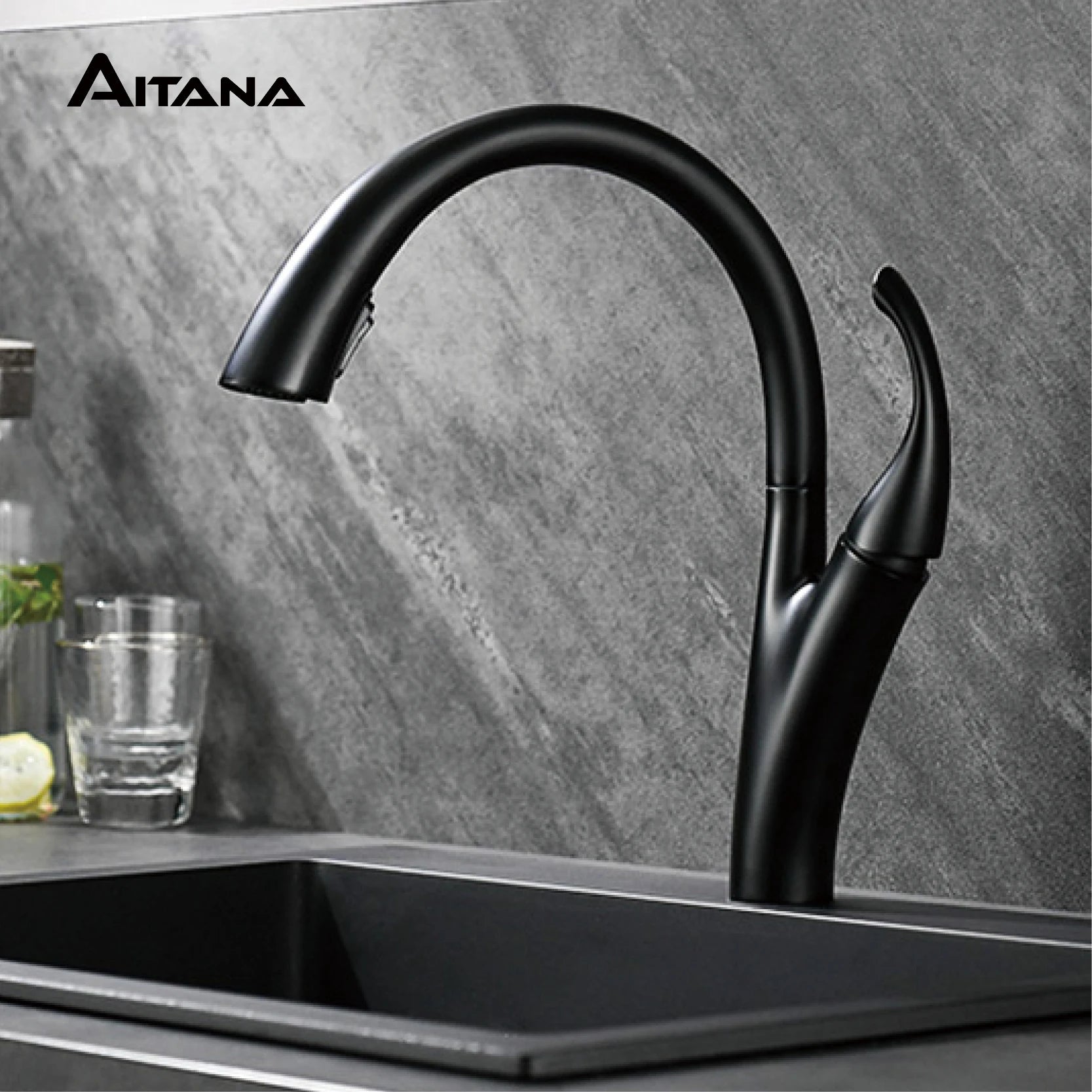 AITANA Simple design brass black kitchen faucet modern single handle pull-out hot and cold water 2 function sink faucet